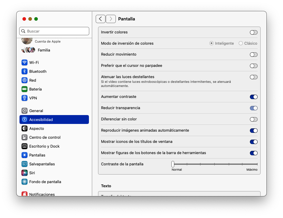 Un mes* con los ajustes de Aumentar contraste y Reducir transparencia activados